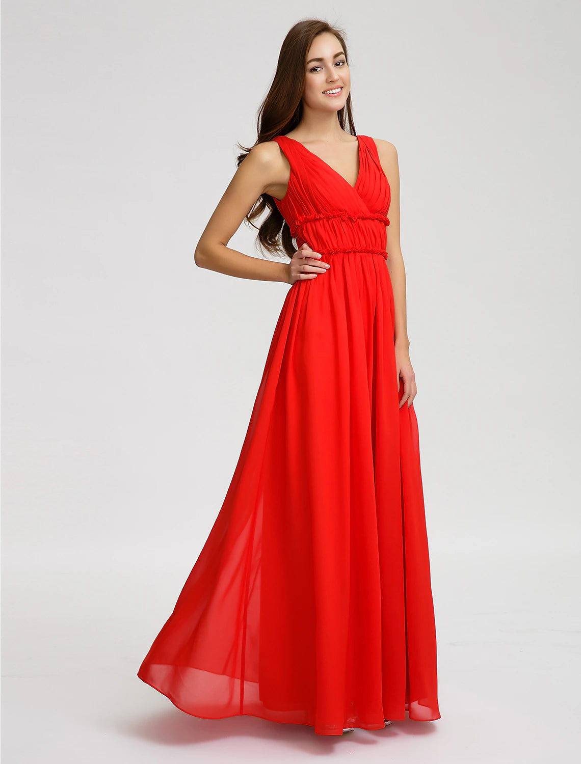 Luolandi A-Line Bridesmaid Dress V Neck Sleeveless Open Back Floor Length Chiffon with Criss Cross / Draping
